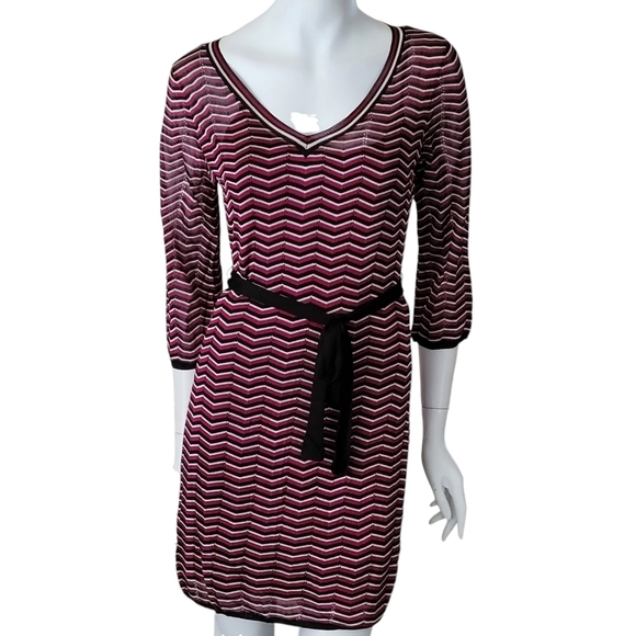 Trina Turk Purple, Black White Chevron Knit Belted Shift Knee Length Dress M - Picture 4 of 10